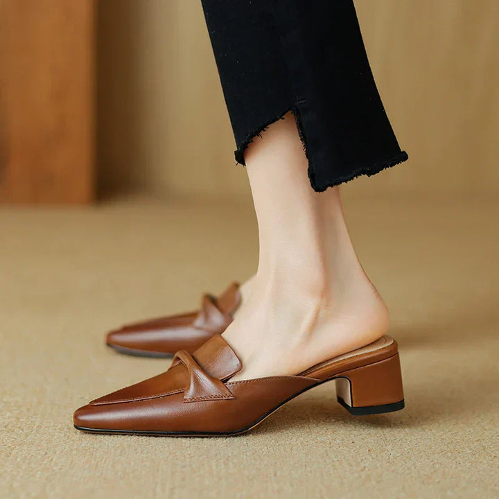Women's Genuine Leather Mules - Elegant Mid-Heel with Bow Detail