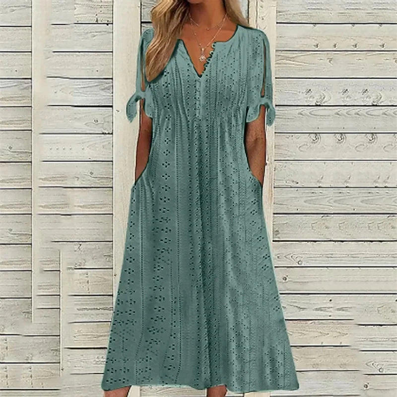 Women's Cotton Midi Dress with Draped Neckline - Effortless Elegance