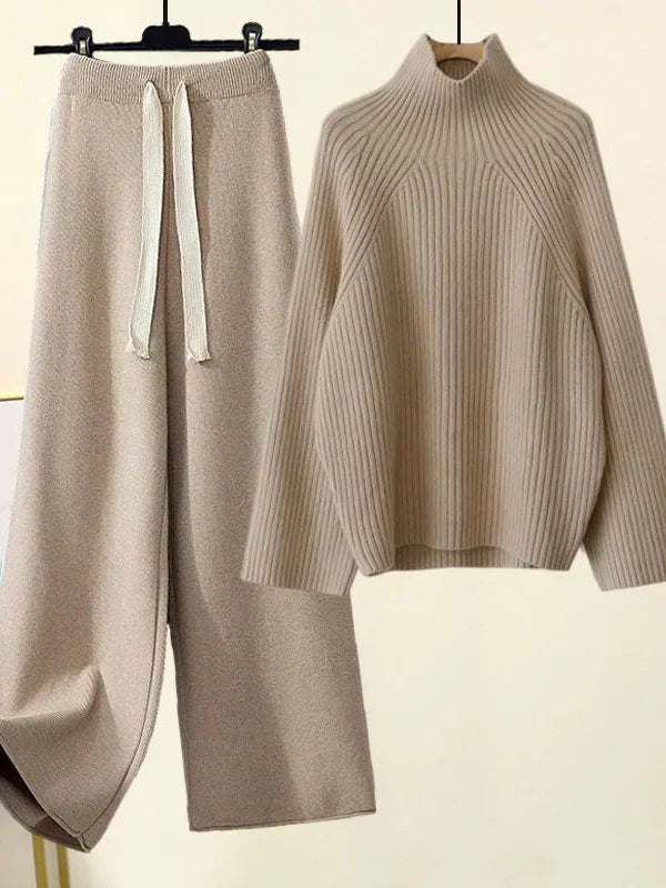 Women's Knit Two-Piece Set - Cozy Turtleneck & Wide-Leg Pants