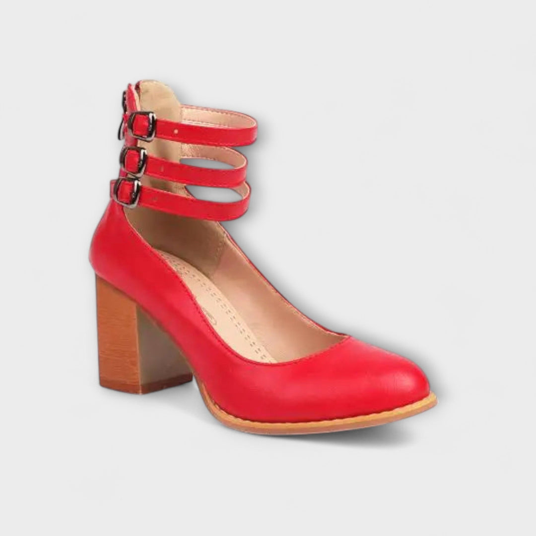 Women's Leather Pumps with Ankle Strap - Elegant Block Heel