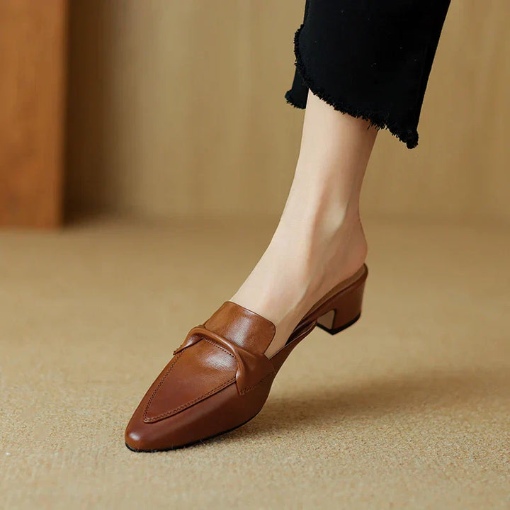 Women's Genuine Leather Mules - Elegant Mid-Heel with Bow Detail