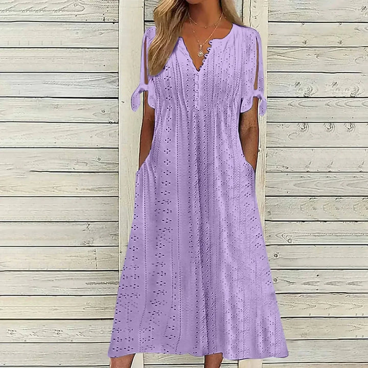 Women's Cotton Midi Dress with Draped Neckline - Effortless Elegance