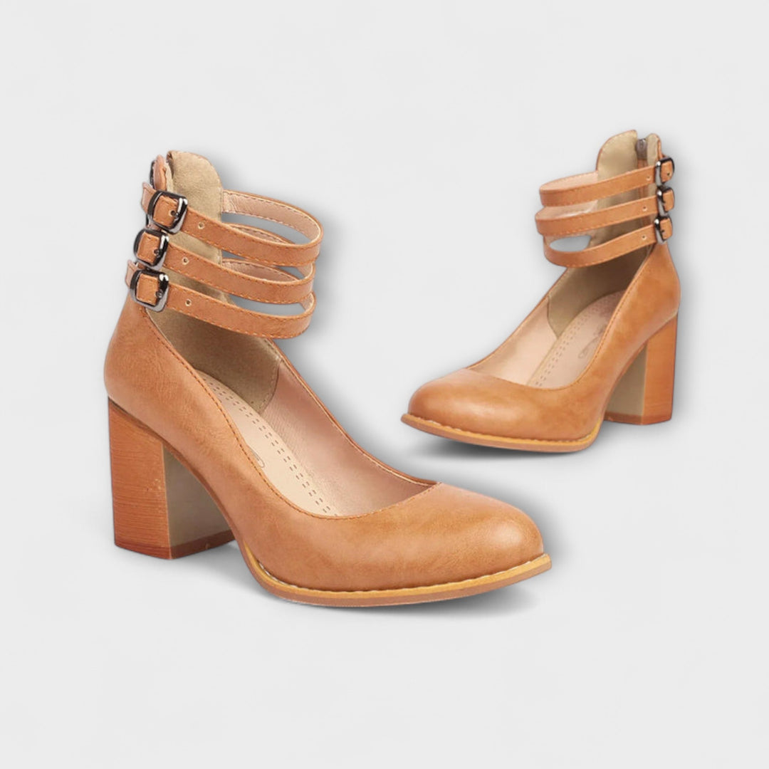 Women's Leather Pumps with Ankle Strap - Elegant Block Heel