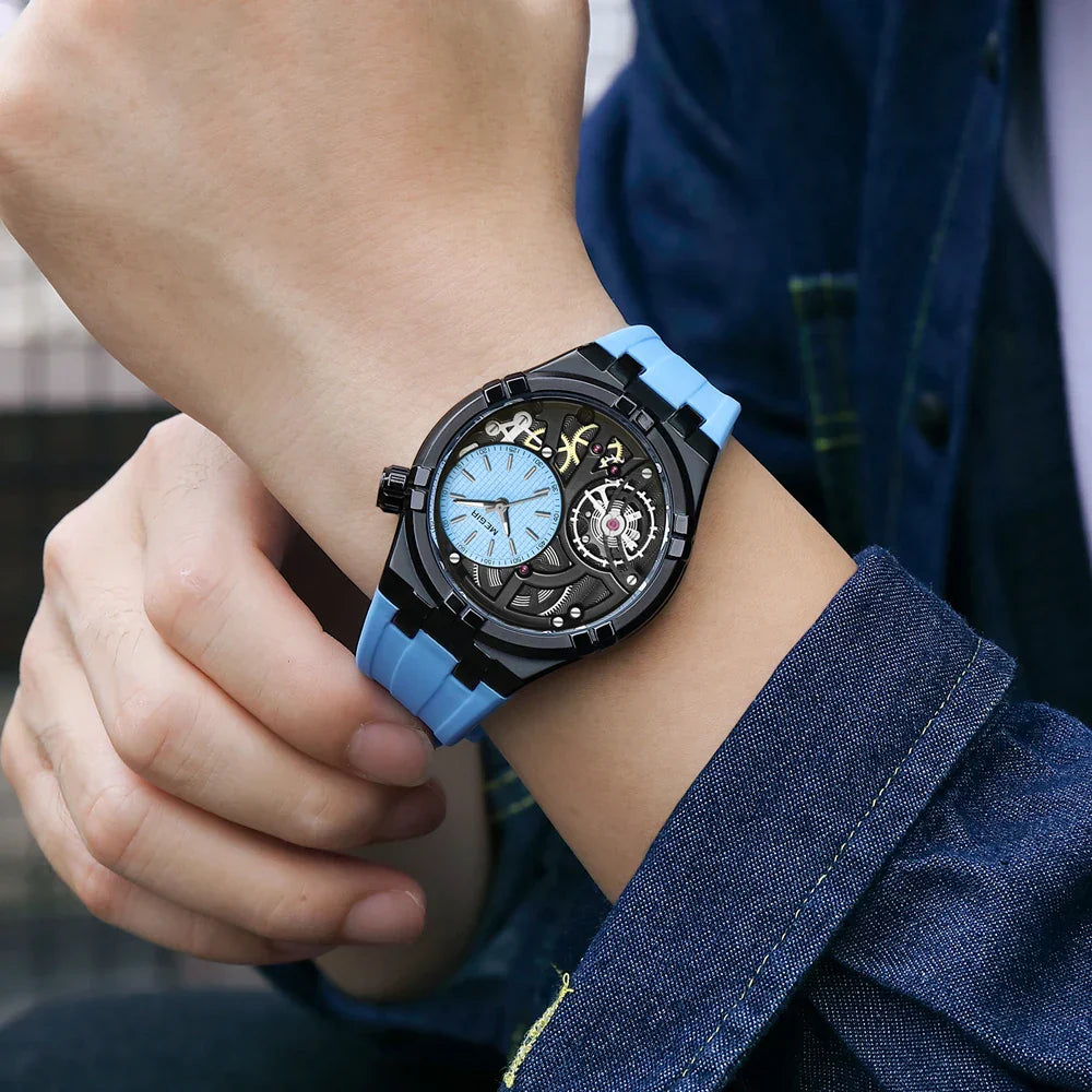 Men's Skeleton Quartz Watch 45mm – Exposed-Dial Silicone Strap