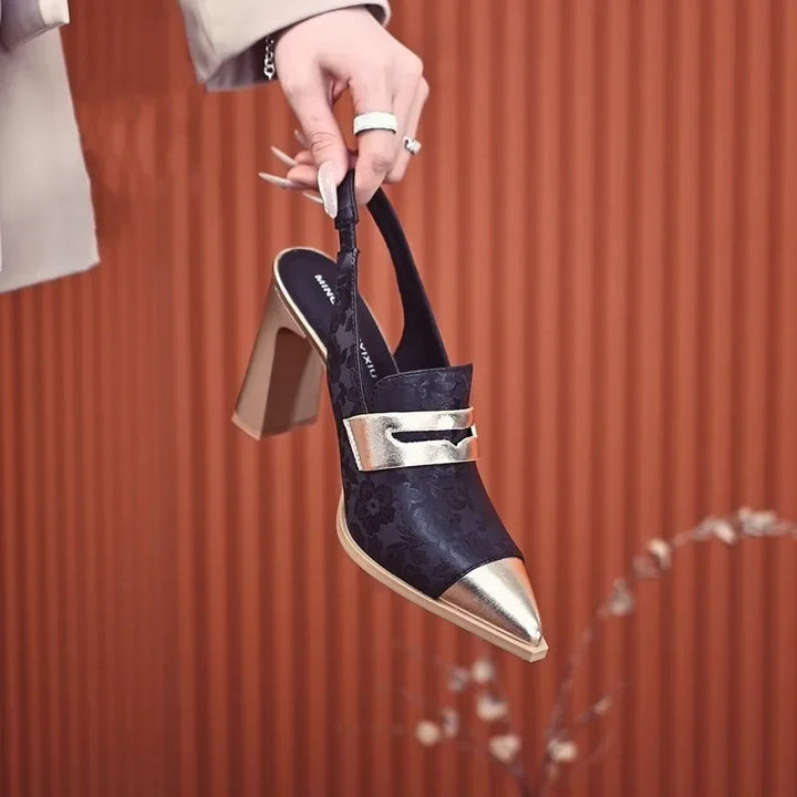 Women's Satin Marigold Accented Block Heels - Elegant Evening