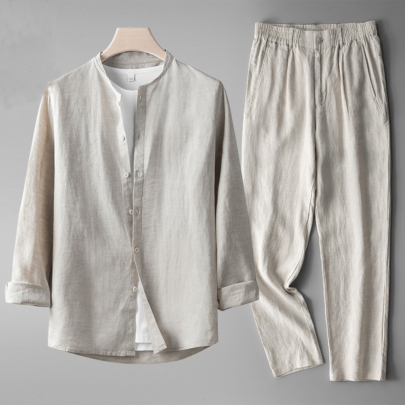 Gianni Men's Linen Co-ord Set – Band Collar Shirt & Trousers
