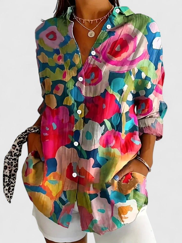 Women's Artistic Print Button-Up Blouse - Effortless Everyday