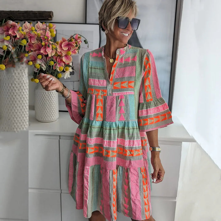 Women's Geometric Print Boho Tiered Swing Midi Dress - Wedding Guest