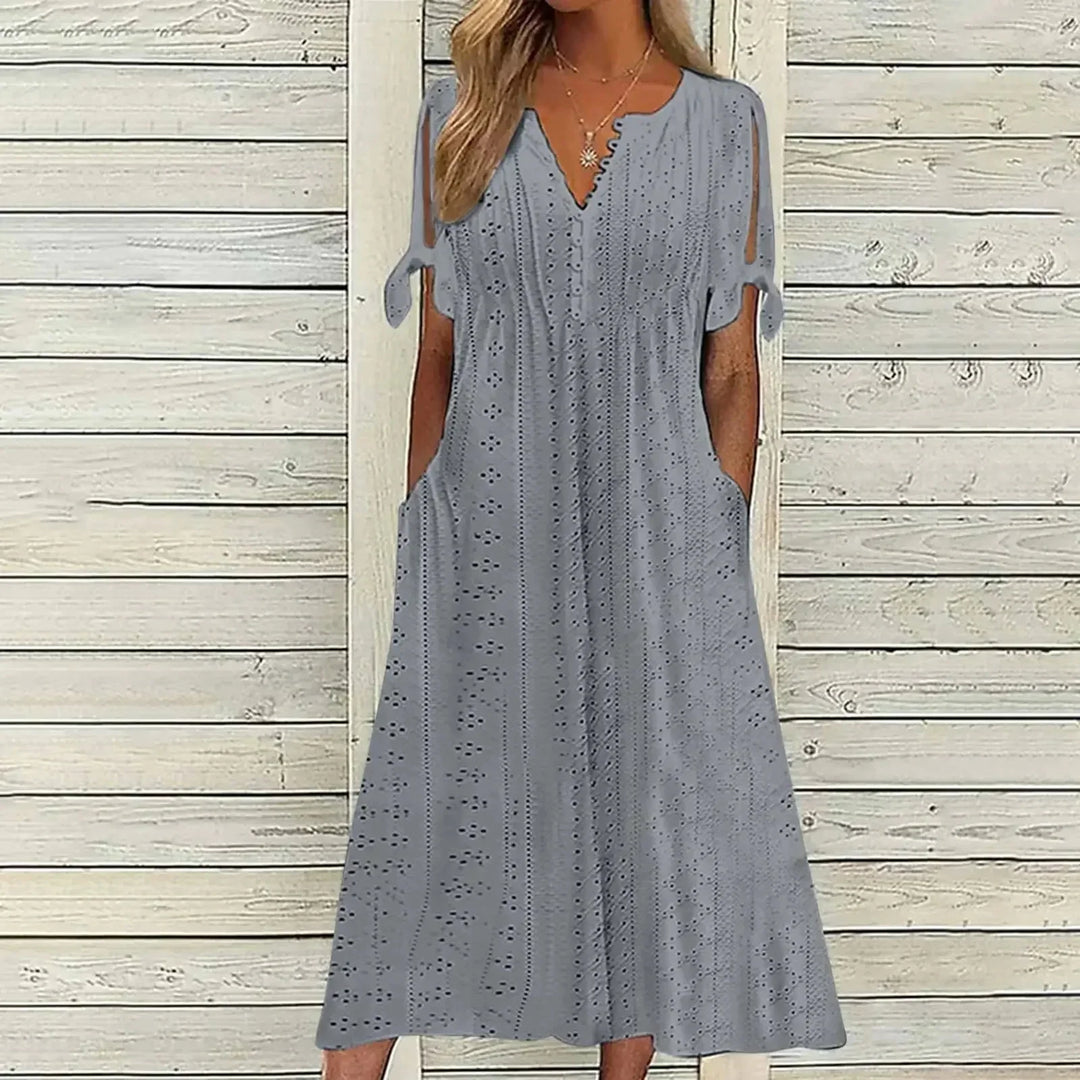 Women's Cotton Midi Dress with Draped Neckline - Effortless Elegance