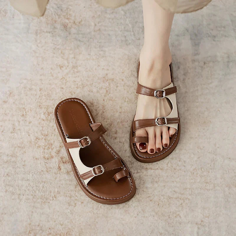 Women's Leather Side Panel Flats with Dual Buckle Detail