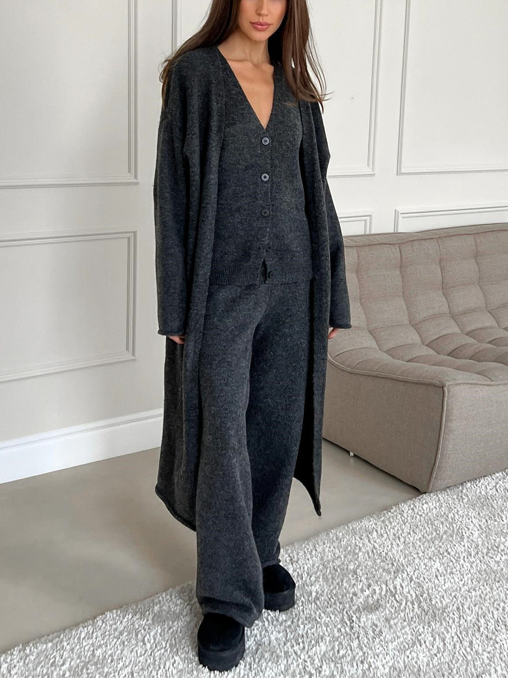 Women's Three-Piece Knit Set – Cardigan– Shirt & Trousers