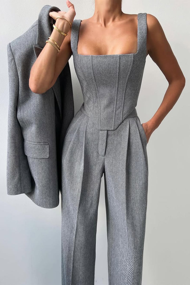 Women's Double-Breasted Blazer Three-Piece Set - Polished & Versatile