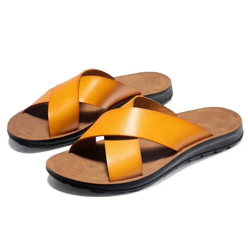 Men's Leather Slide Sandals – Cushioned Ergonomic Footbed