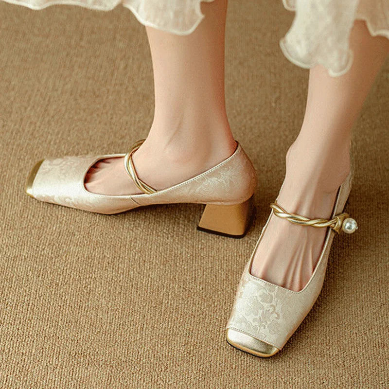 Women's Floral Embossed Square Toe Heels - Elegant Block Heel