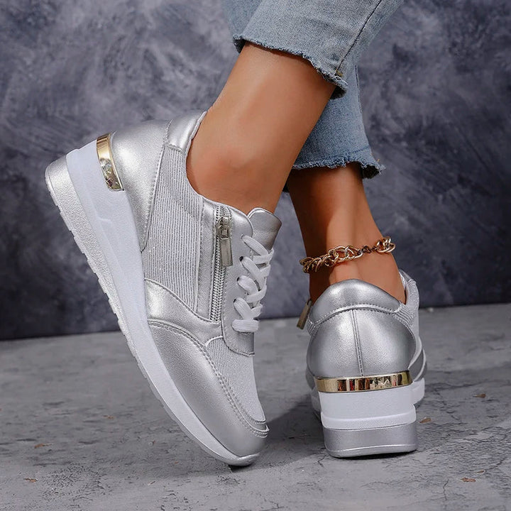 Women's Metallic Platform Sneakers - Sleek & Cushioned