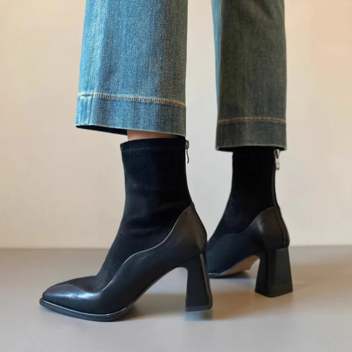Women's Spliced Suede Boots - Structured Square Toe Block Heel