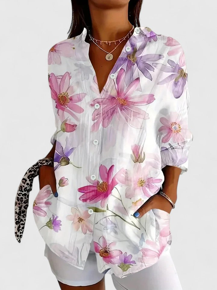 Women's Artistic Print Button-Up Blouse - Effortless Everyday