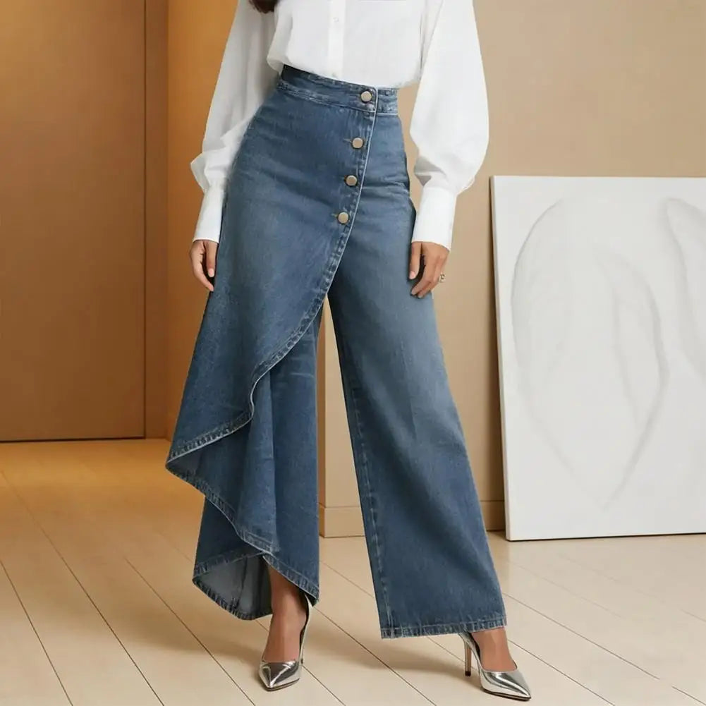 Women's High-Waisted Denim Jeans with Asymmetrical Ruffled Hem