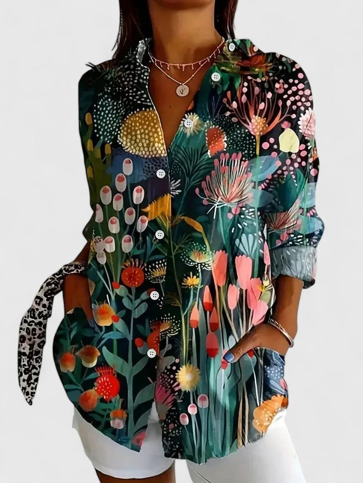 Women's Artistic Print Button-Up Blouse - Effortless Everyday