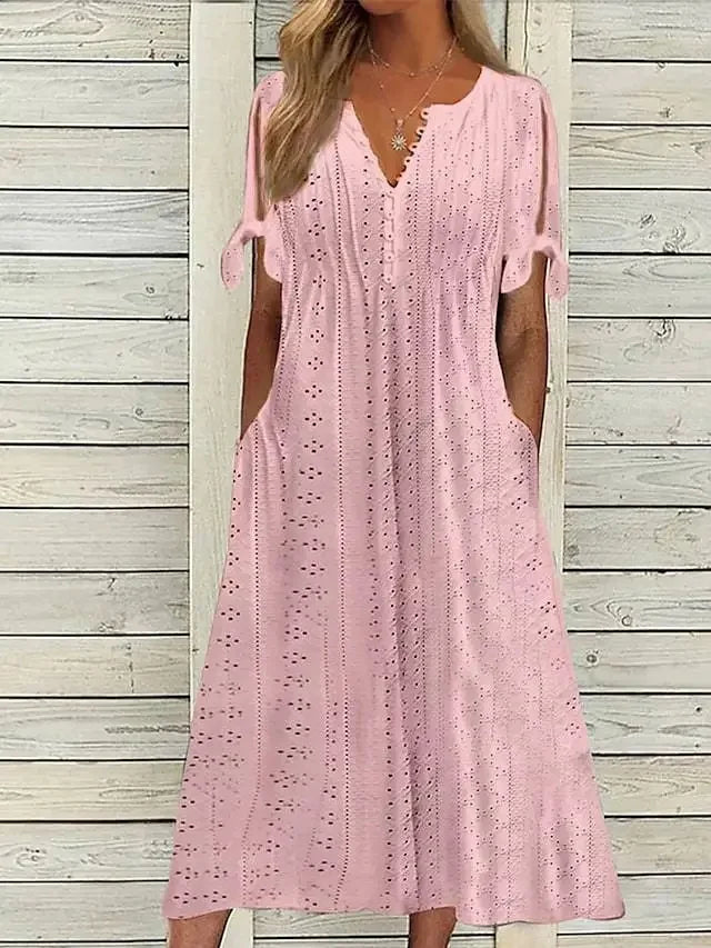 Women's Cotton Midi Dress with Draped Neckline - Effortless Elegance