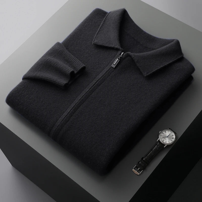 Men's Cashmere Zip Cardigan – Collared Knit with Pockets