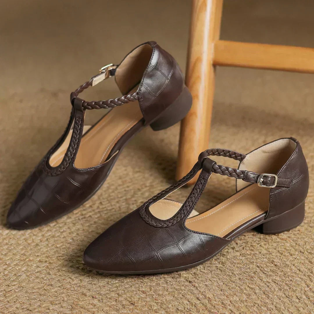 Women's Leather Braided T-Strap Sandals - Elegant Everyday Style