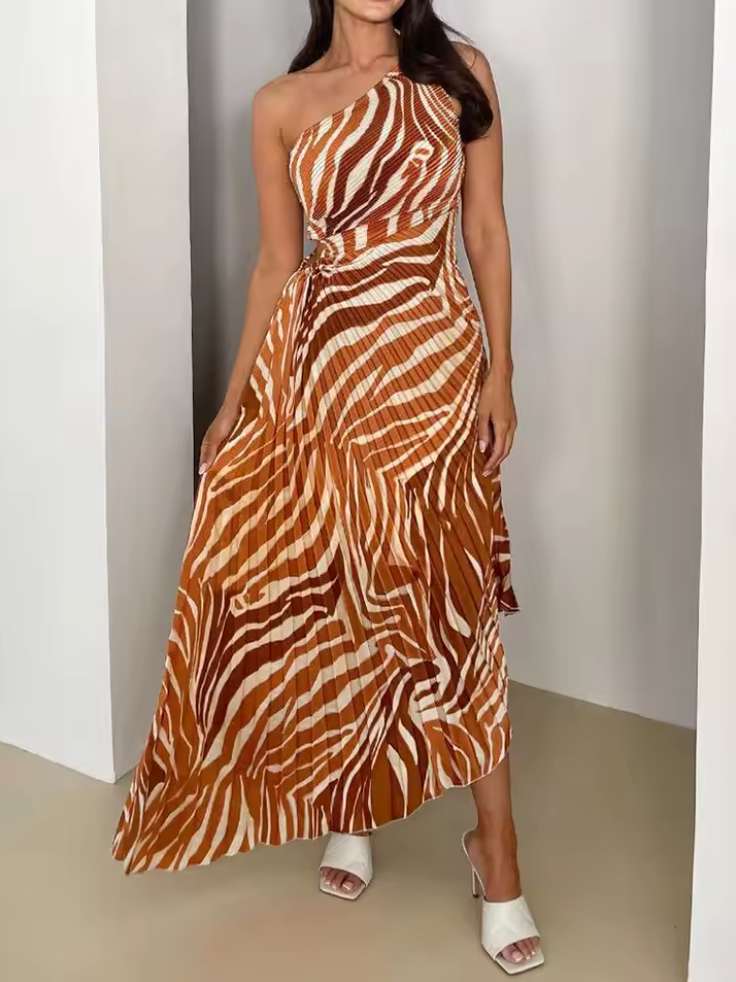Women's Printed Asymmetrical Pleated Dress - Tropical Evening Charm