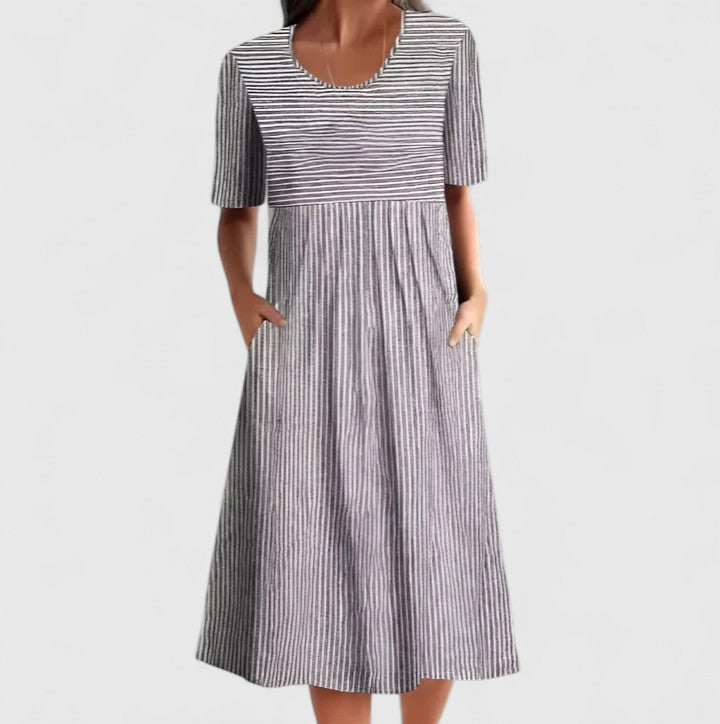 Women's Striped Midi Dress with Wooden Buttons - Effortless Summer