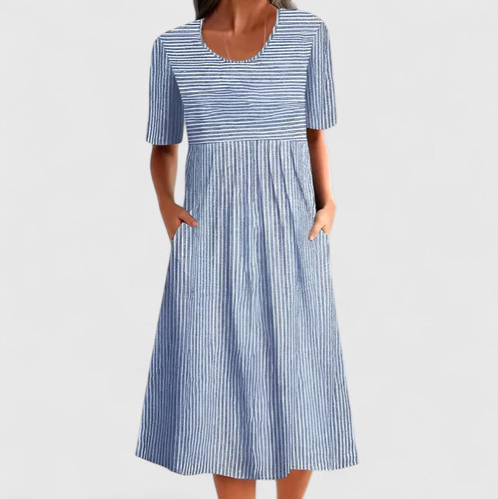 Women's Striped Midi Dress with Wooden Buttons - Effortless Summer