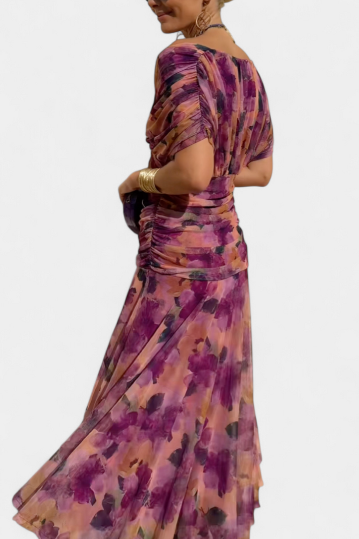 Women's Fantasy Floral Print V-Neck Dress - Elegant & Flowing