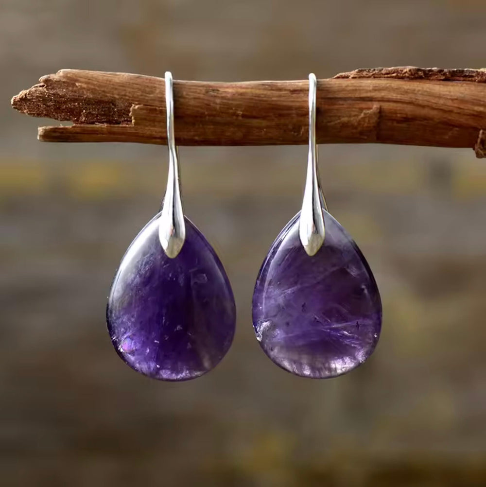 Women's Teardrop Amethyst Natural Stone Earrings – Gold & Silver