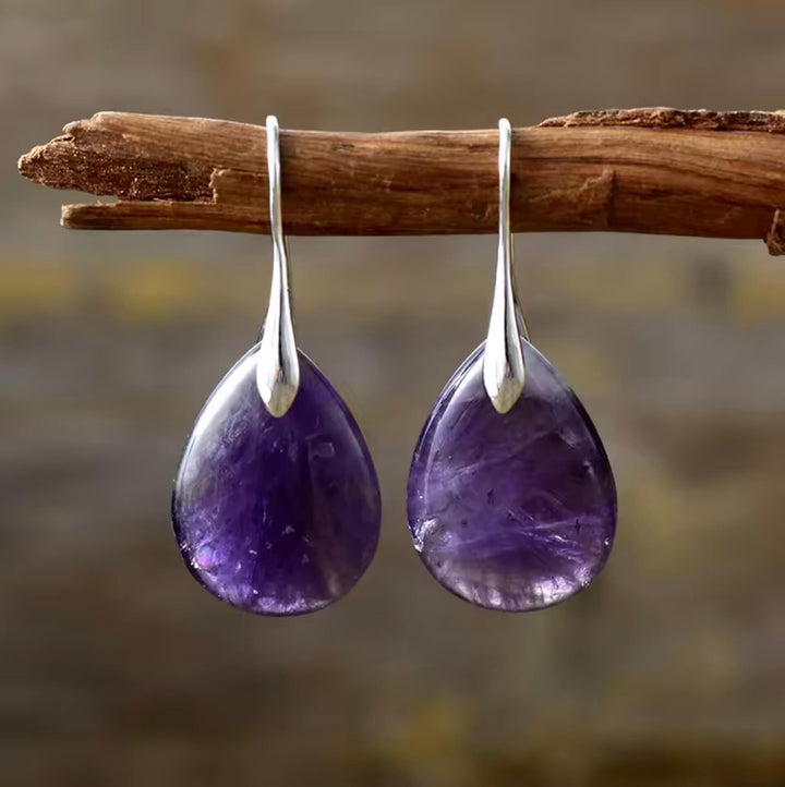 Women's Teardrop Amethyst Natural Stone Earrings – Gold & Silver