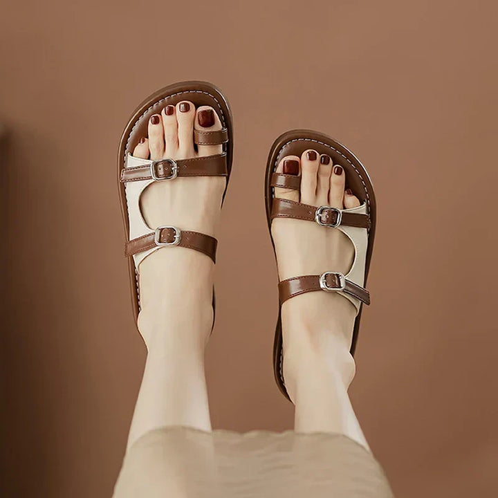Women's Leather Side Panel Flats with Dual Buckle Detail