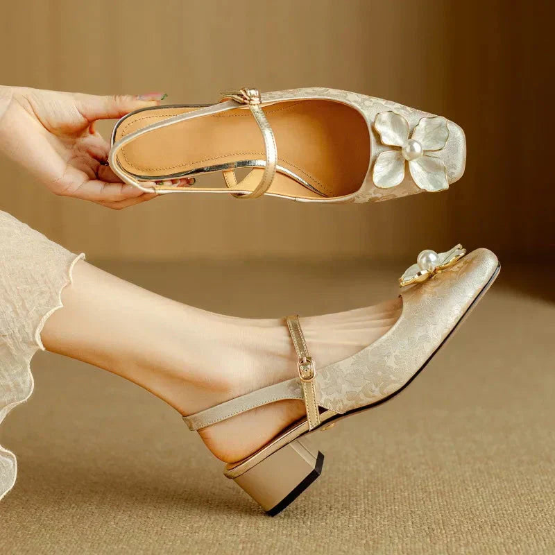 Women's Pearl-Embellished Floral Slingback Pumps - Day to Evening