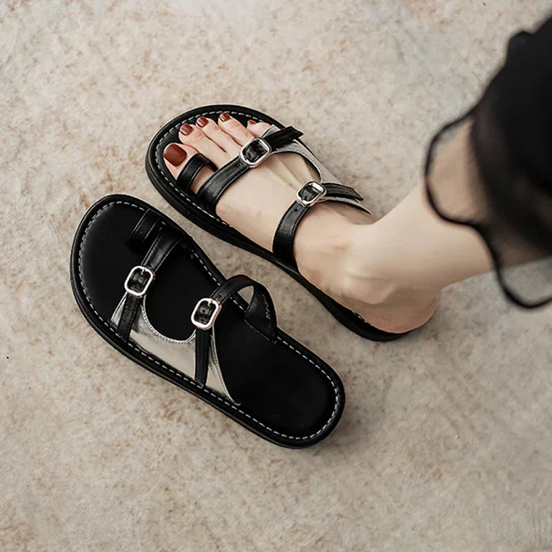 Women's Leather Side Panel Flats with Dual Buckle Detail