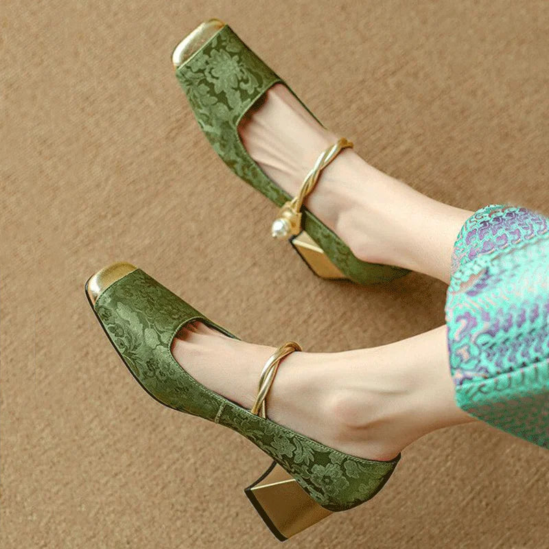 Women's Floral Embossed Square Toe Heels - Elegant Block Heel