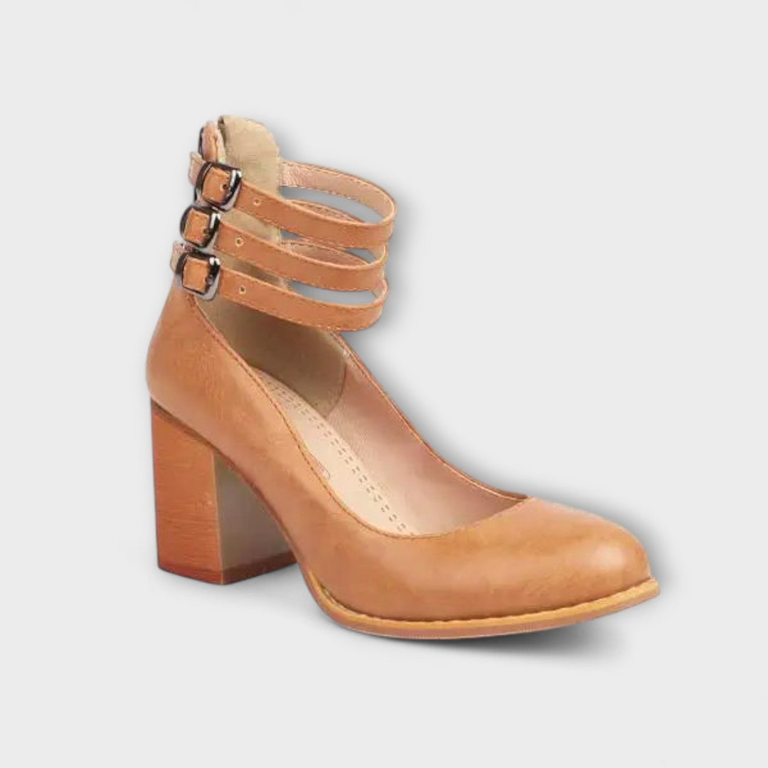 Women's Leather Pumps with Ankle Strap - Elegant Block Heel