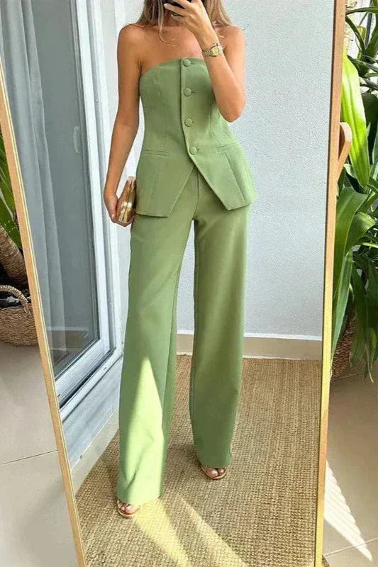 Women's Strapless Buttoned Two-Piece Set - Chic & Versatile