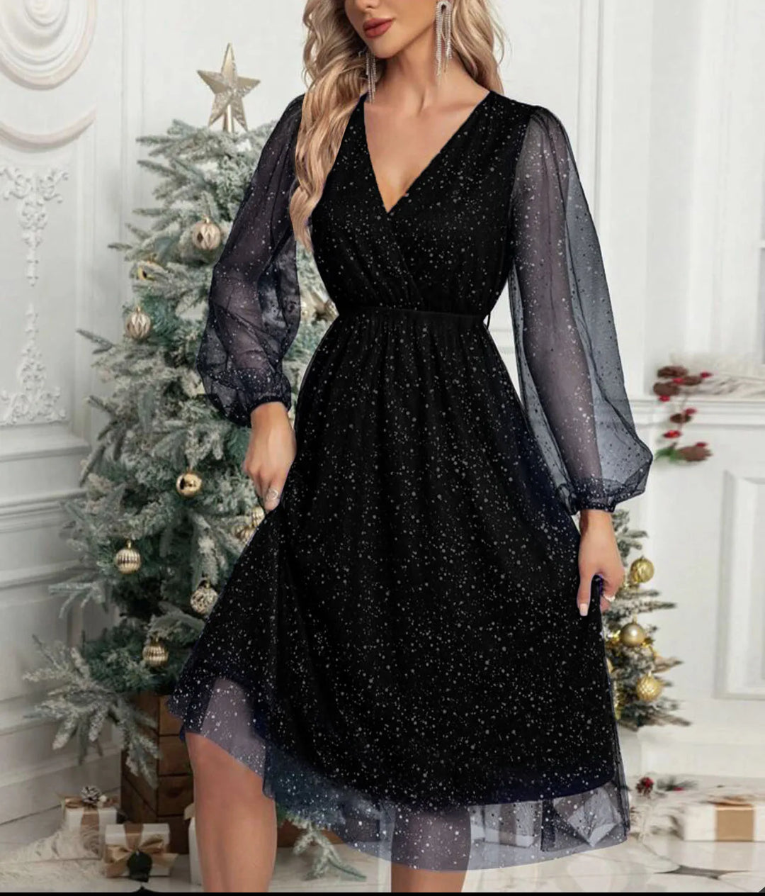 Women's Mesh-Sleeve V-Neck Evening Dress - Festive Elegance