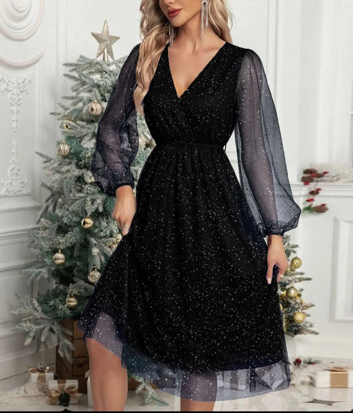 Women's Mesh-Sleeve V-Neck Evening Dress - Festive Elegance