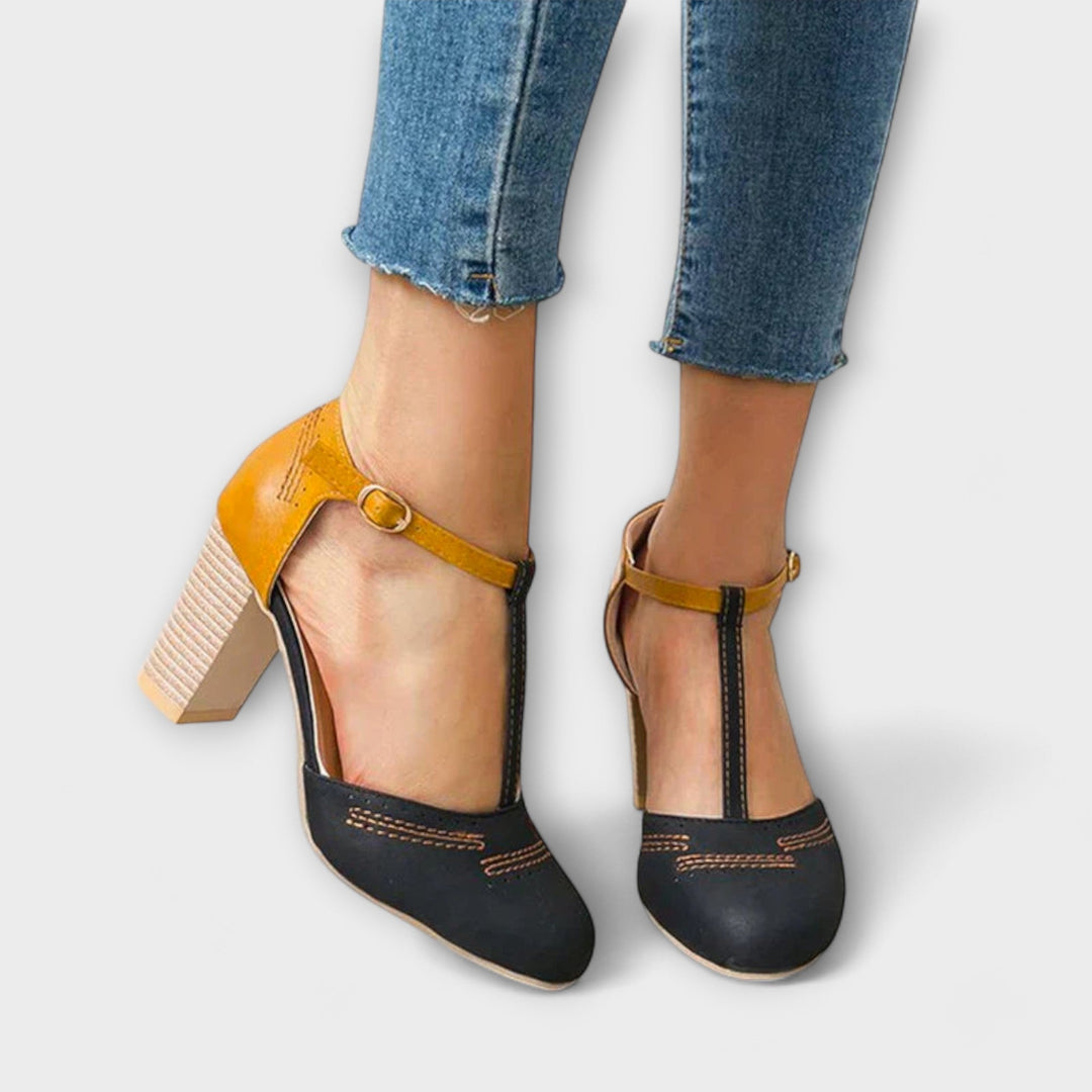 Women's Leather T-Strap Heels - Orthopedic Comfort