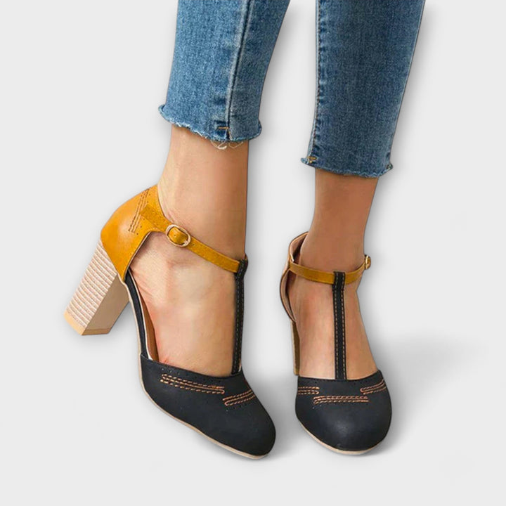 Women's Leather T-Strap Heels - Orthopedic Comfort