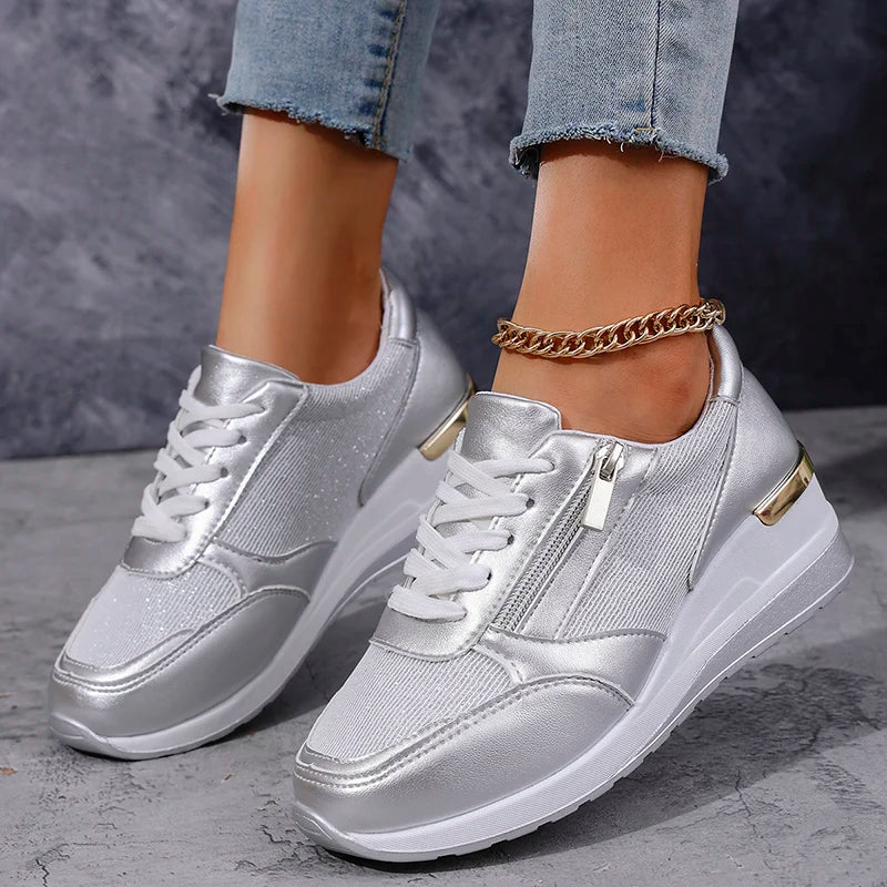 Women's Metallic Platform Sneakers - Sleek & Cushioned