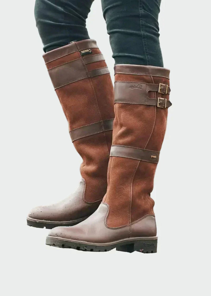 Women's Retro Leather Riding Boots - Classic Double Buckle Design