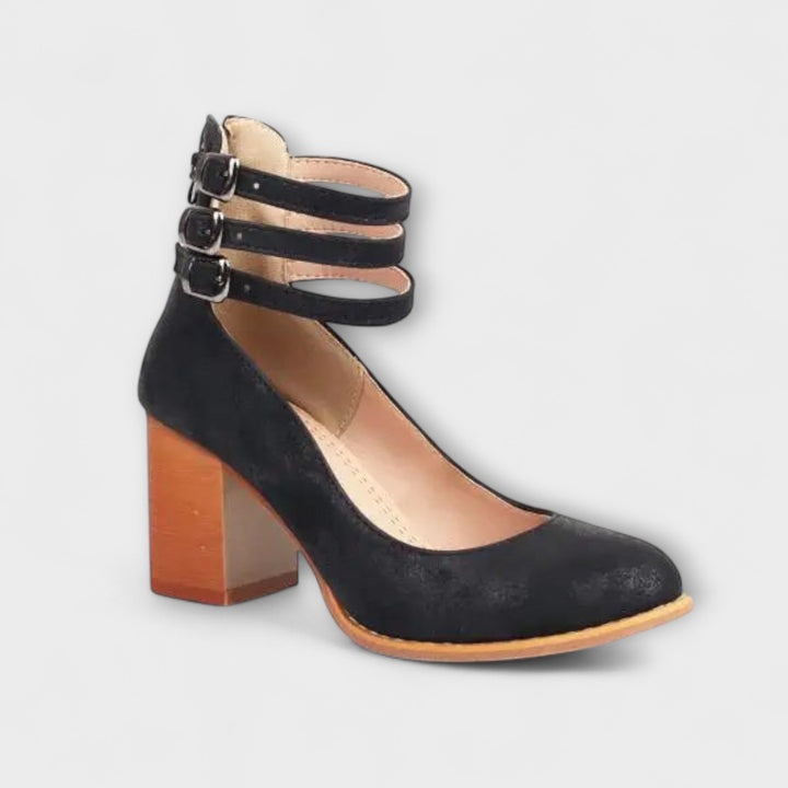 Women's Leather Pumps with Ankle Strap - Elegant Block Heel