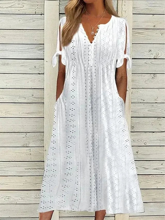 Women's Cotton Midi Dress with Draped Neckline - Effortless Elegance