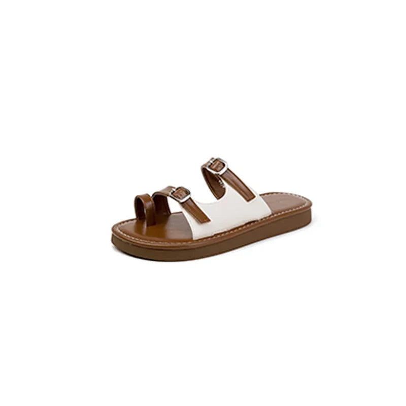 Women's Leather Side Panel Flats with Dual Buckle Detail