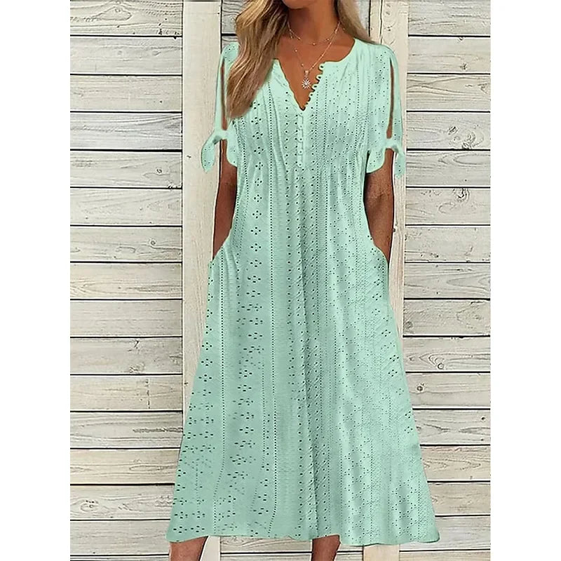 Women's Cotton Midi Dress with Draped Neckline - Effortless Elegance