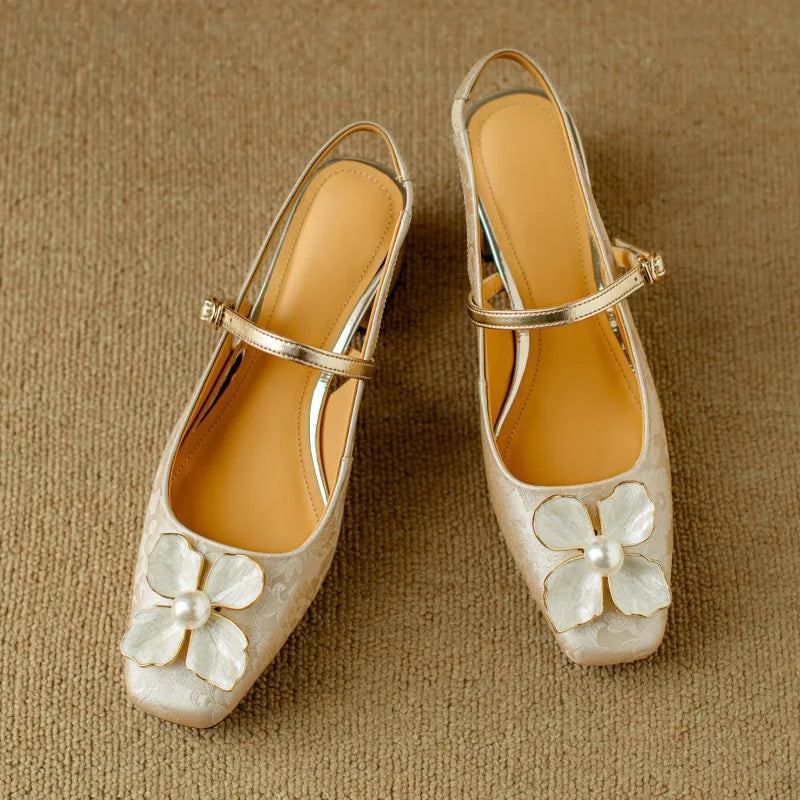 Women's Pearl-Embellished Floral Slingback Pumps - Day to Evening
