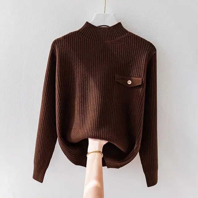 Women's Ribbed Knit Jumper – Mock Neck with Button Detail